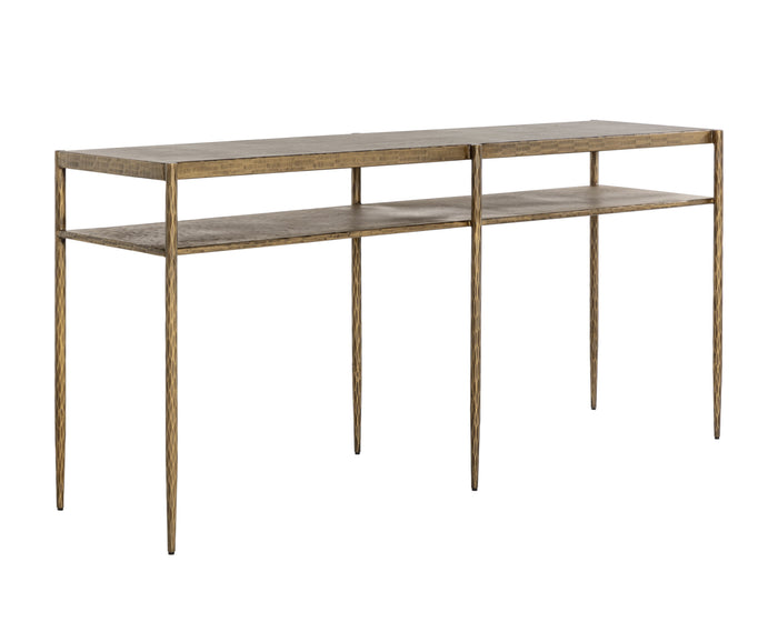Naini Hammered Antique Brass Console Table - Table Side View | Bone & Brass