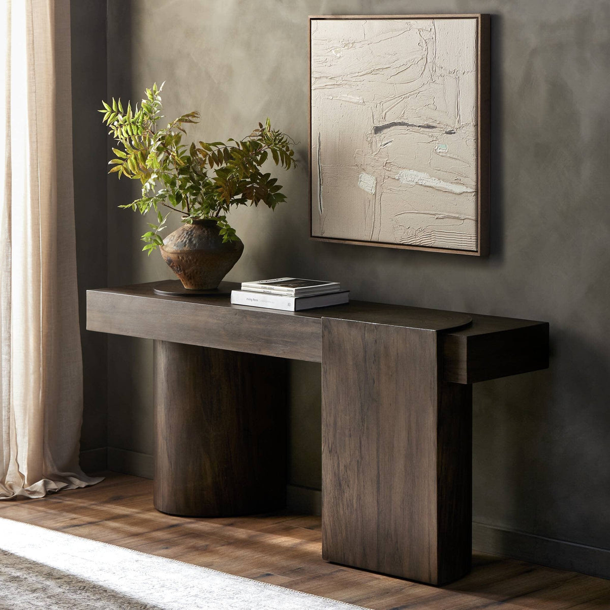 dark wood pillar style console table