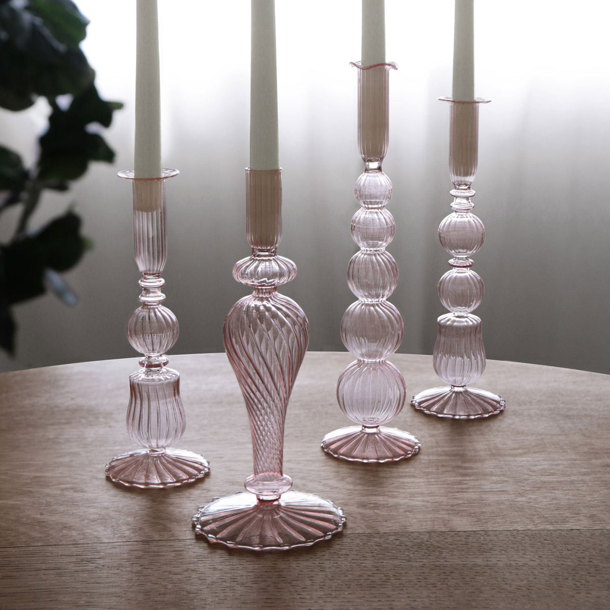 Glass Cambridge Olivia 12" Candlestick Holder Set 2 (Light Pink) - Candlestick Side View | Bone & Brass