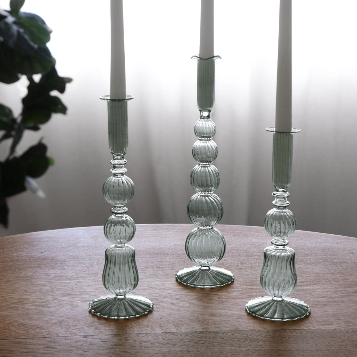 Glass Cambridge Olivia 12" Candlestick Holder Set 2 (Light Green) - Candlestick Side View | Bone & Brass