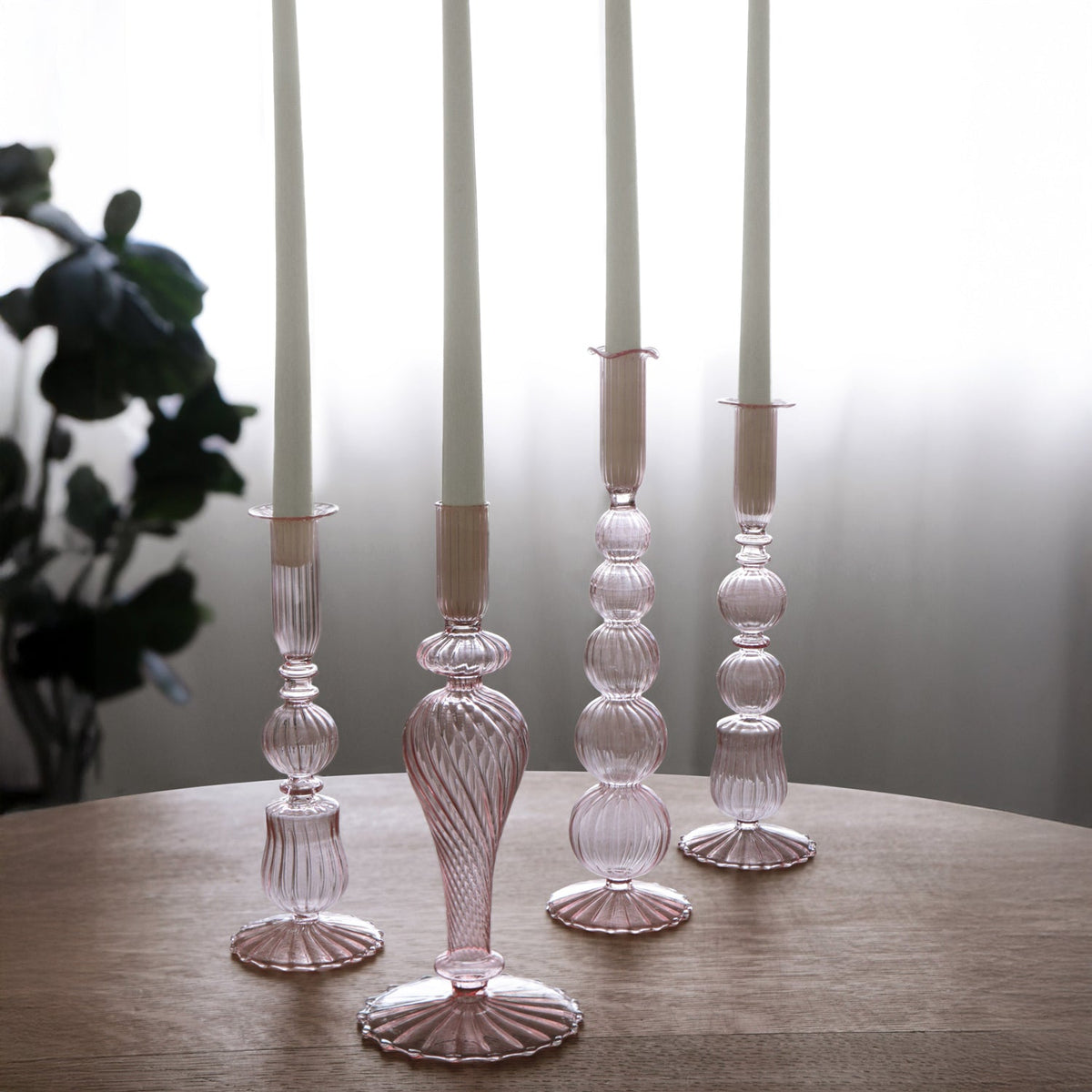 Glass Cambridge Ava 10" Candlestick Holder Set 2 (Light Pink) - Candlestick Side View | Bone & Brass