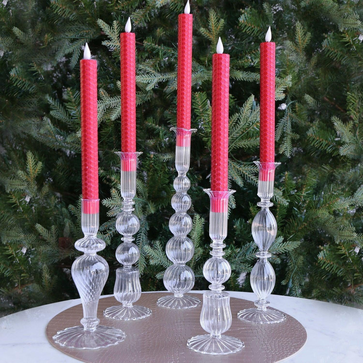 Glass Cambridge Beryl 10" Candlestick Holder Set 2 (Clear) - Candlestick Close Up | Bone & Brass
