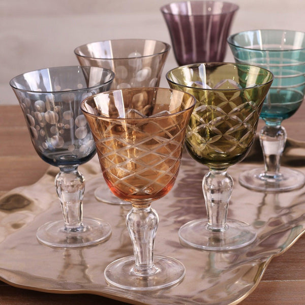 Colored Carved Wine Glasses,  Set of 6 Different Colors - Glass Detail | Bone & Brass