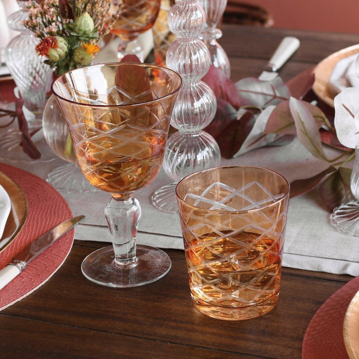 Colored Carved Wine Glasses,  Set of 6 Different Colors - Glass Stem Detail | Bone & Brass