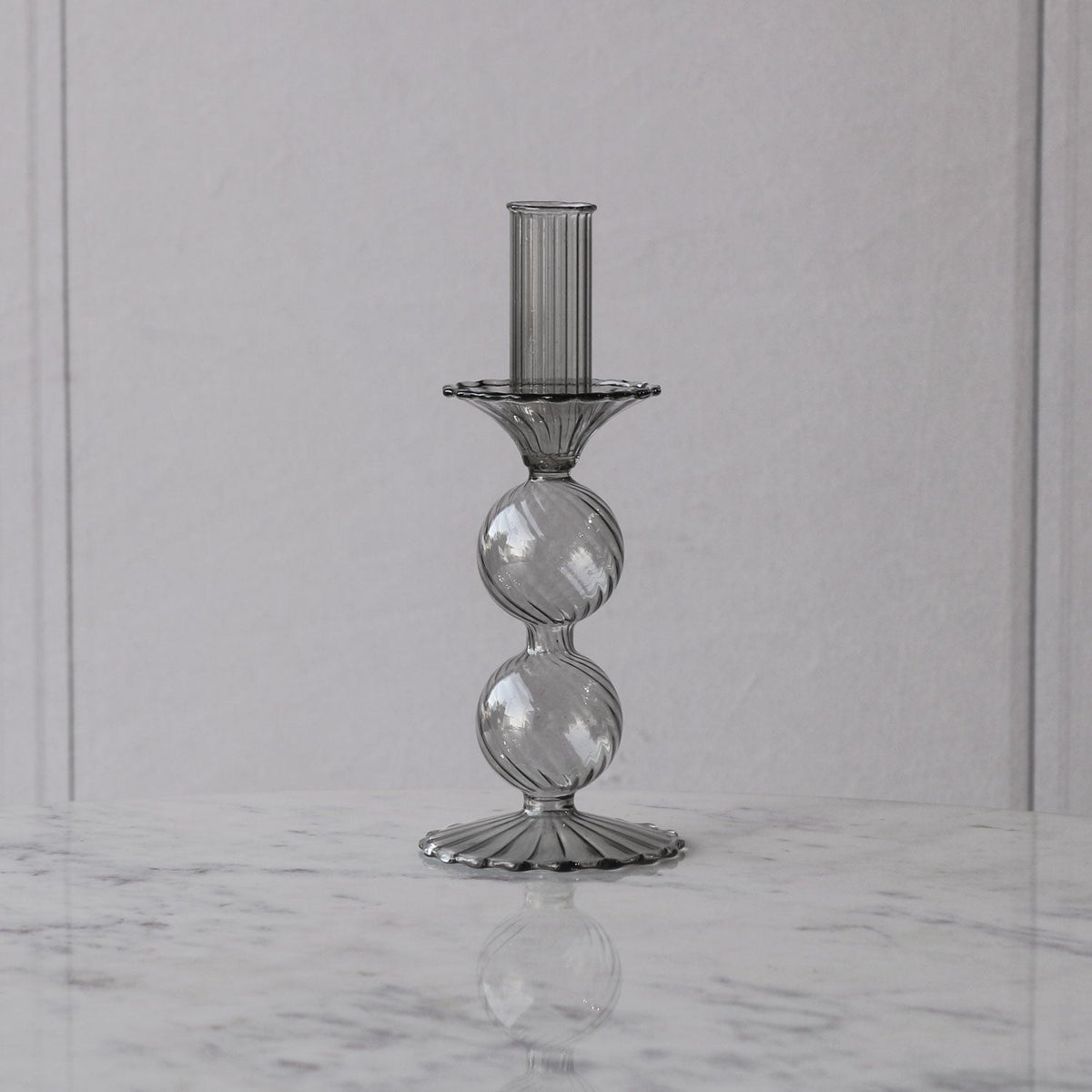 Glass Cambridge Lucille 2 Ball Candlestick Holder Set 2 (Light Gray) - Candlestick Detail | Bone & Brass