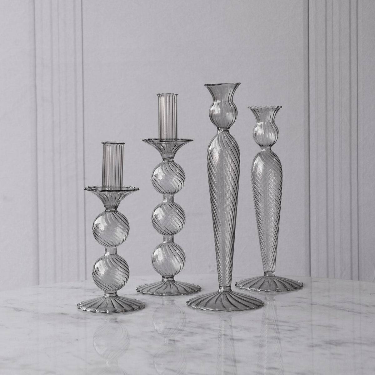 Glass Cambridge Lucille 2 Ball Candlestick Holder Set 2 (Light Gray) - Candlestick Close Up | Bone & Brass