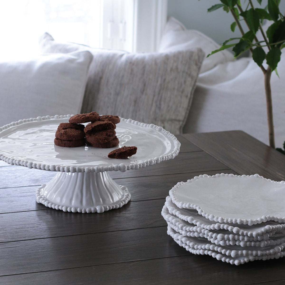 Alegria White Pedestal Cake Plate - Pedestal Side View | Bone & Brass