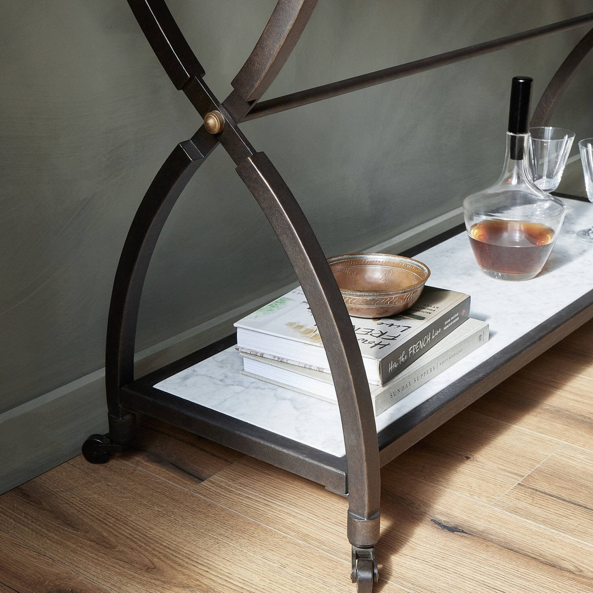 White Marble & Bronze Iron Bar Serving Table