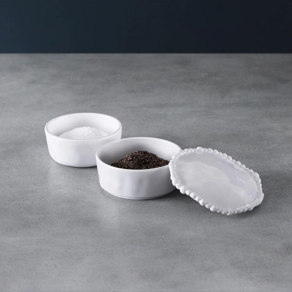 Vida Alegria Stackable Salt-Pepper Cellar Lid (White) - Shaker Detail | Bone & Brass