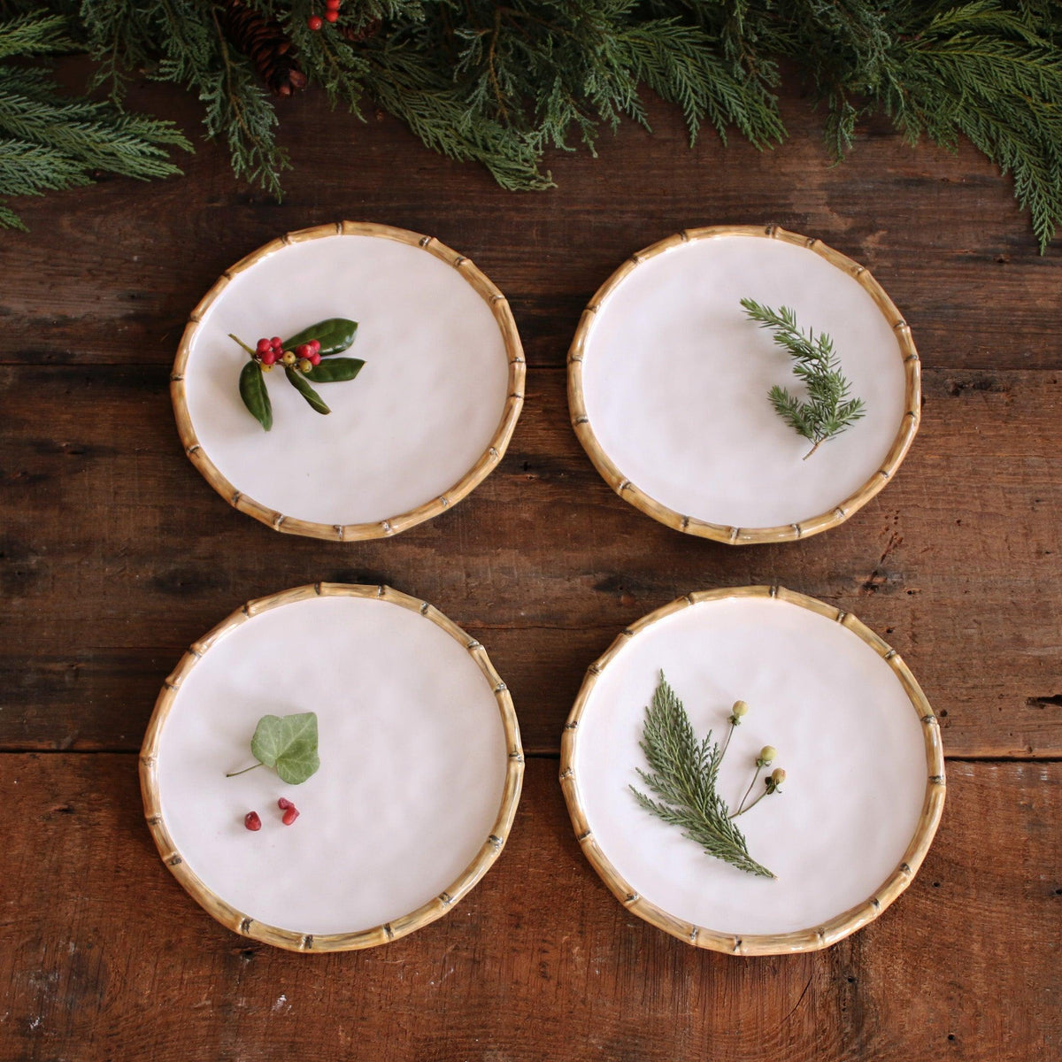 Vida Natural Bamboo & White 9" Salad Plate Set of 4 - Plate Top View | Bone & Brass