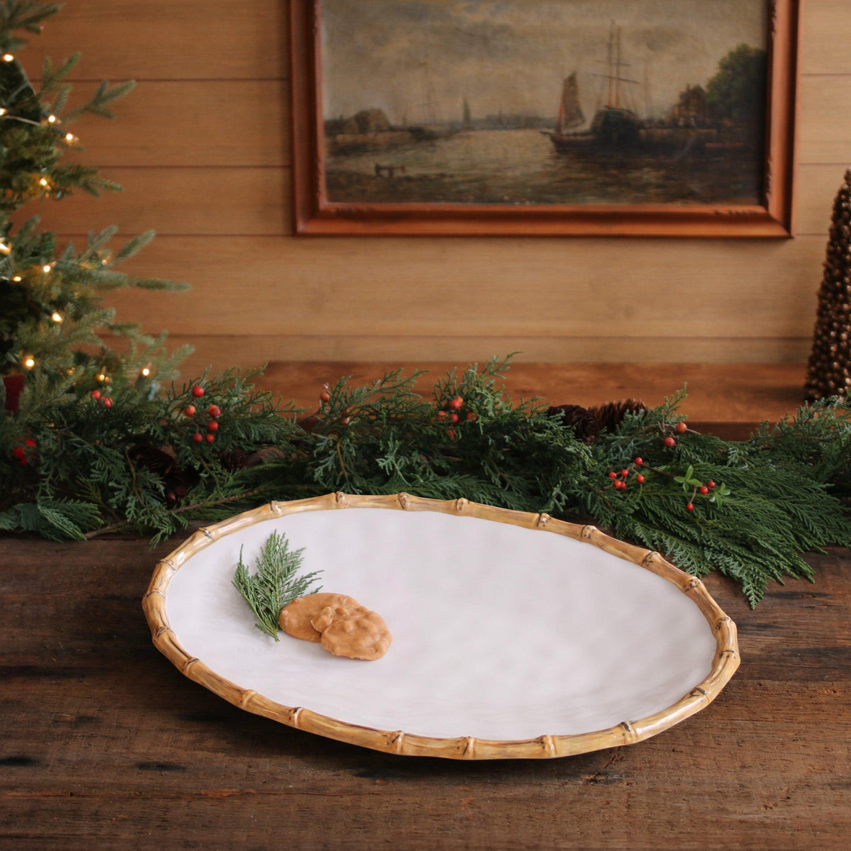 Vida Natural Bamboo & White Large Oval Serving Platter - Platter Side View | Bone & Brass