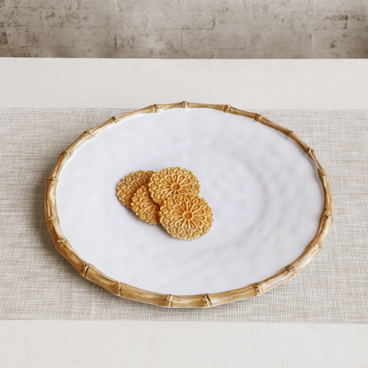 Vida White & Natural Bamboo Round Platter - Platter Top View | Bone & Brass