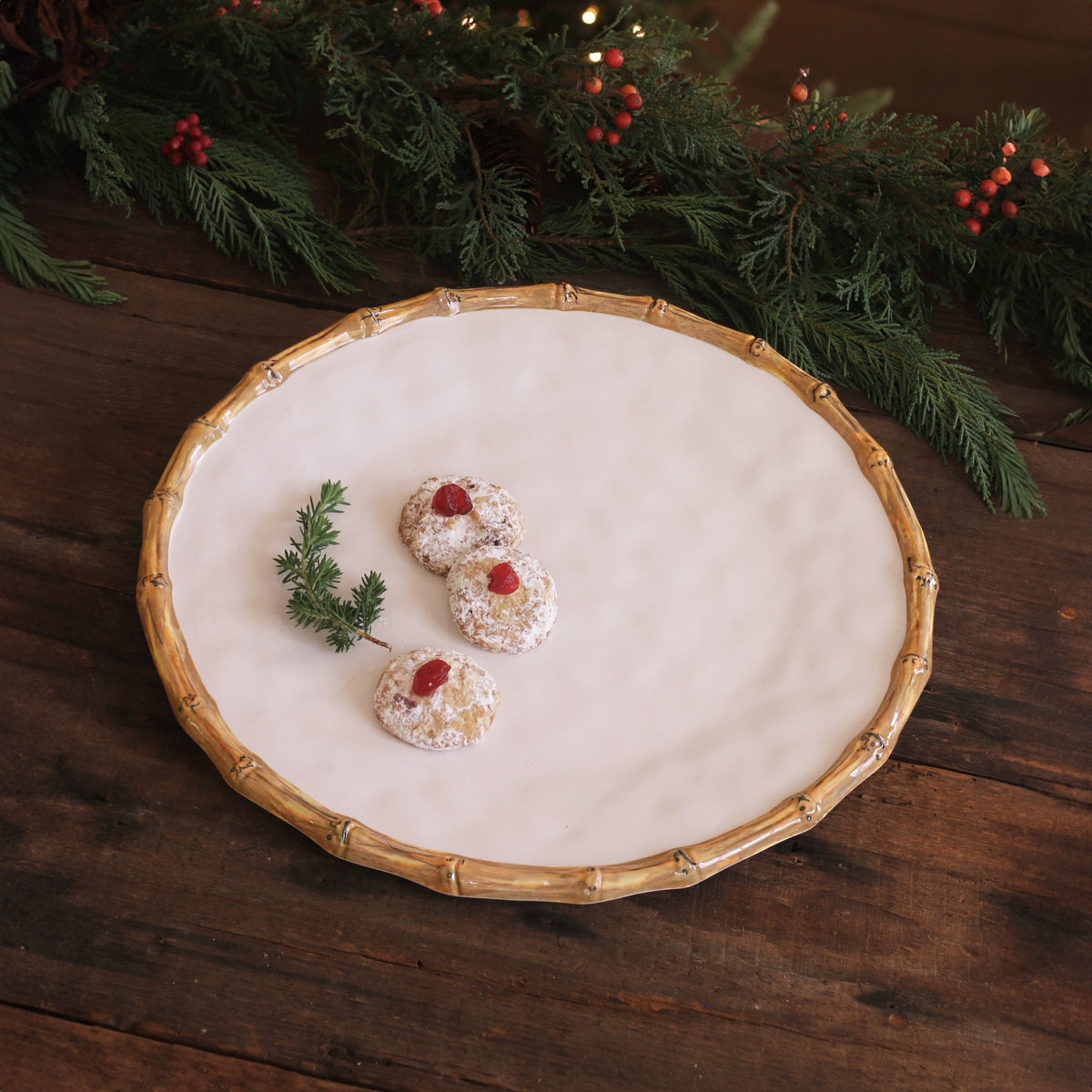 Vida White & Natural Bamboo Round Platter - Platter Side View | Bone & Brass