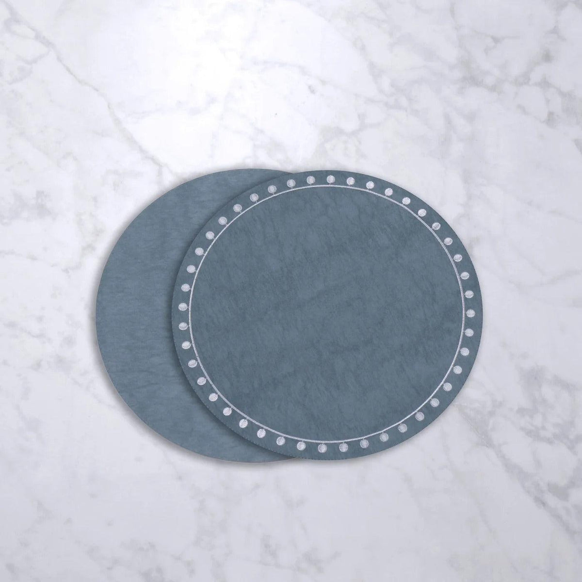 Vida Blue Round Embroidered Dots Placemats Set of 4 - Placemat Detail | Bone & Brass