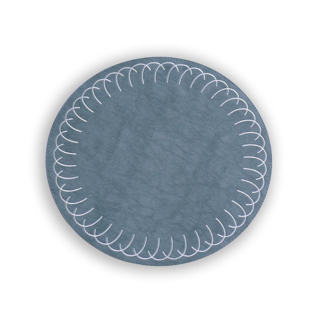Vida Round Embroidered Swirl 15.5" Round Placemats Set 4 (Blue) | Bone & Brass