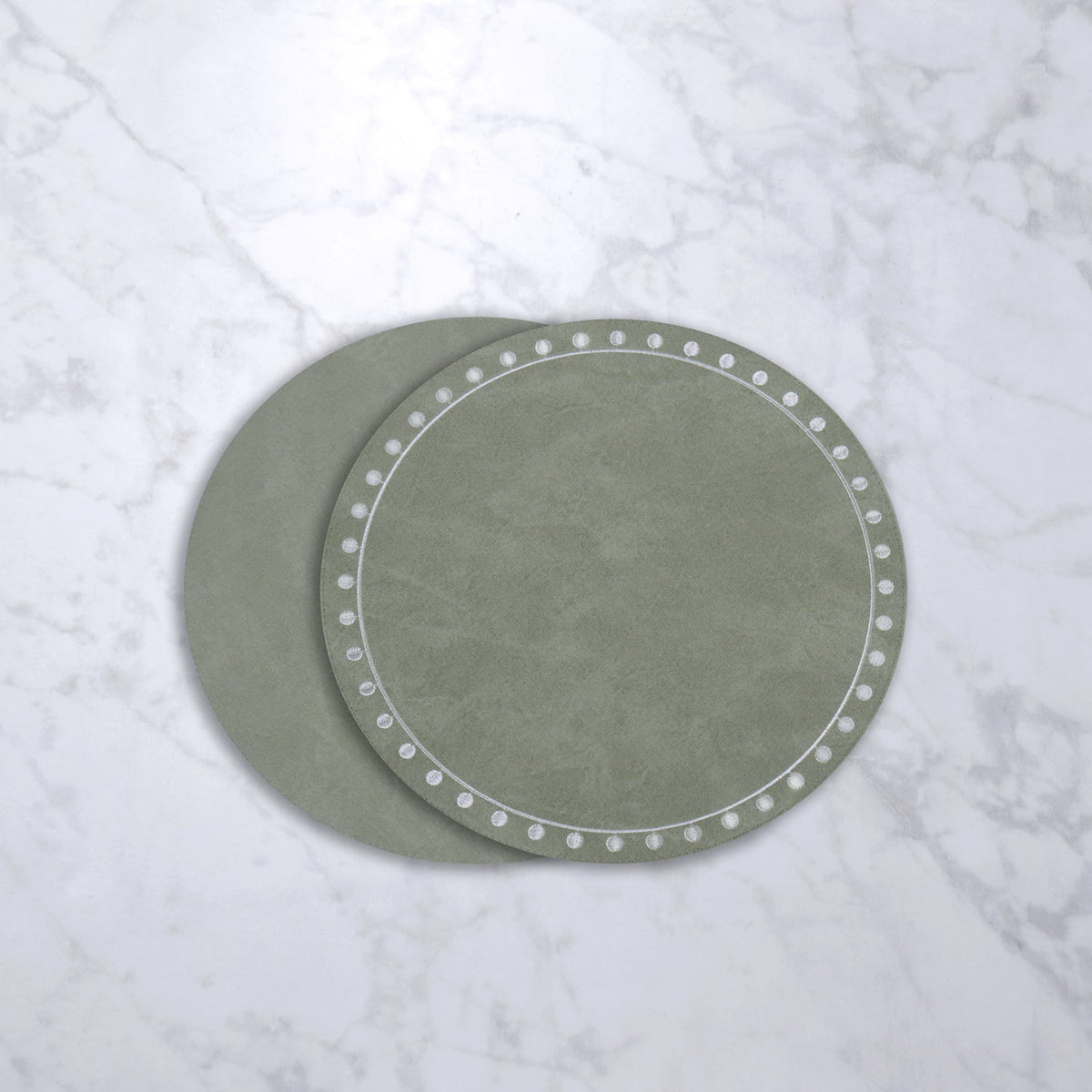 Vida Green Round Embroidered White Dots Placemats Set of 4 - Placemat Detail | Bone & Brass