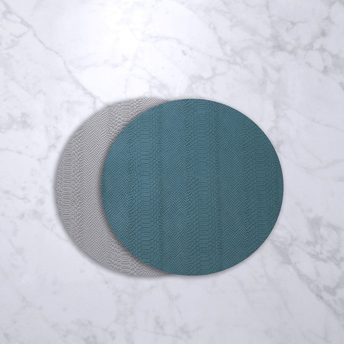 Vida Croc Reversible Round Placemats Set of 4 Turquoise Blue & Gray - Placemat Texture Detail | Bone & Brass