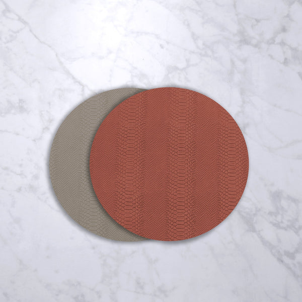 Vida Croc Reversible 15.5" Round Placemats Set 4 (Salmon Taupe) - Placemat Detail | Bone & Brass