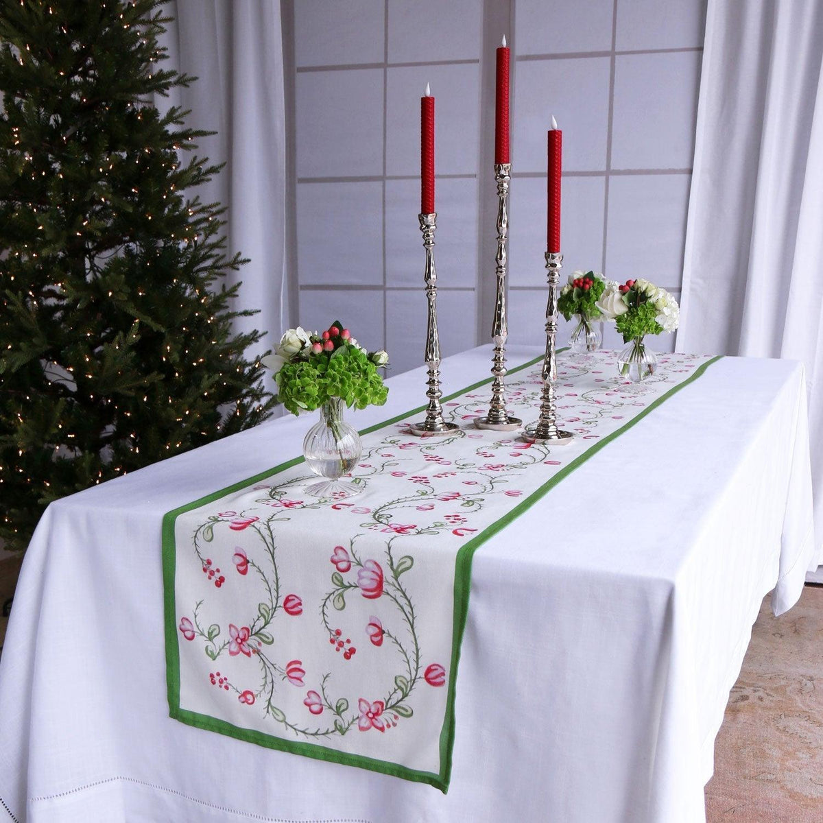 Linen Norelle Runner 108 x 18 (Green Red Floral) - Side View | Bone & Brass