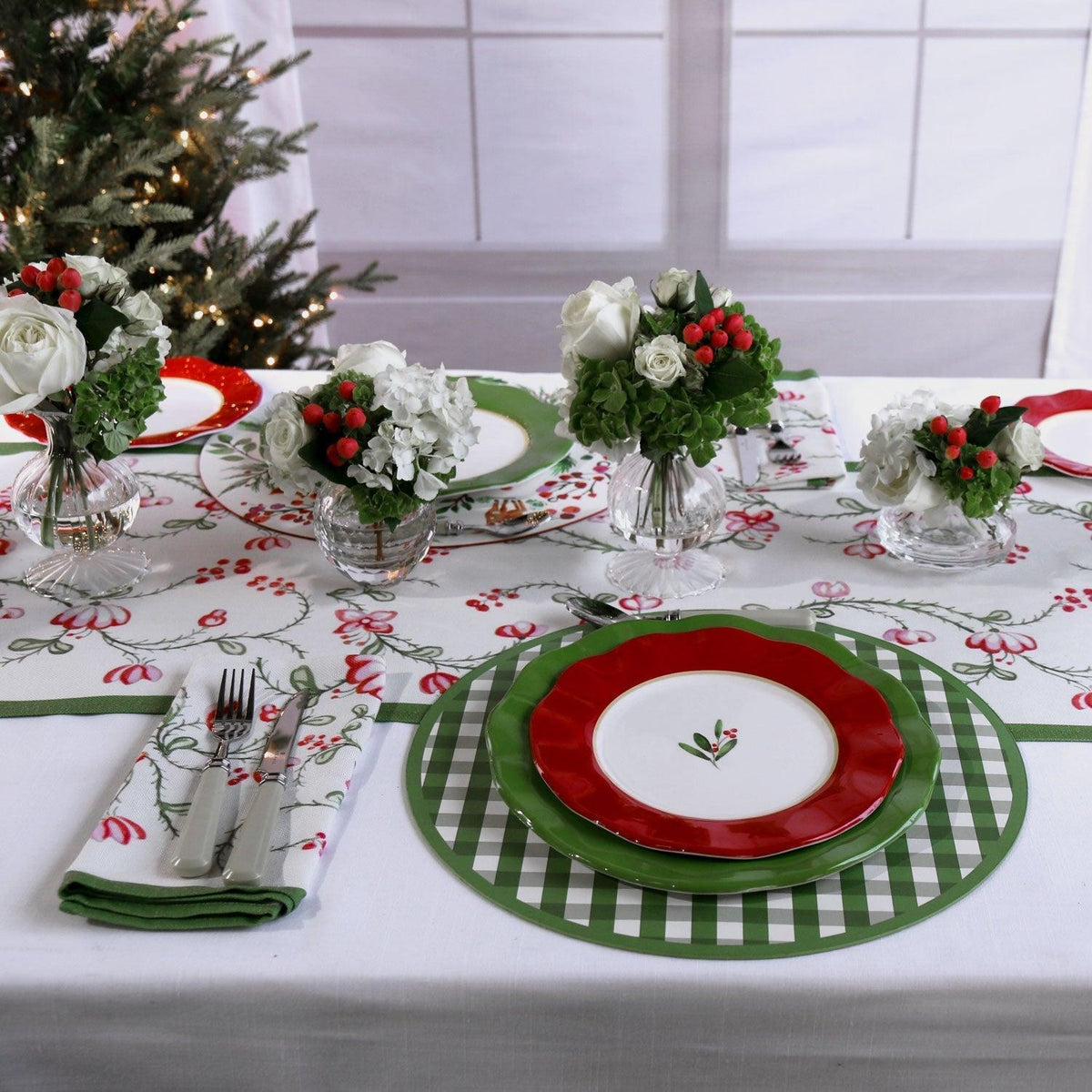 Linen Norelle Runner 108 x 18 (Green Red Floral) - Detail View | Bone & Brass