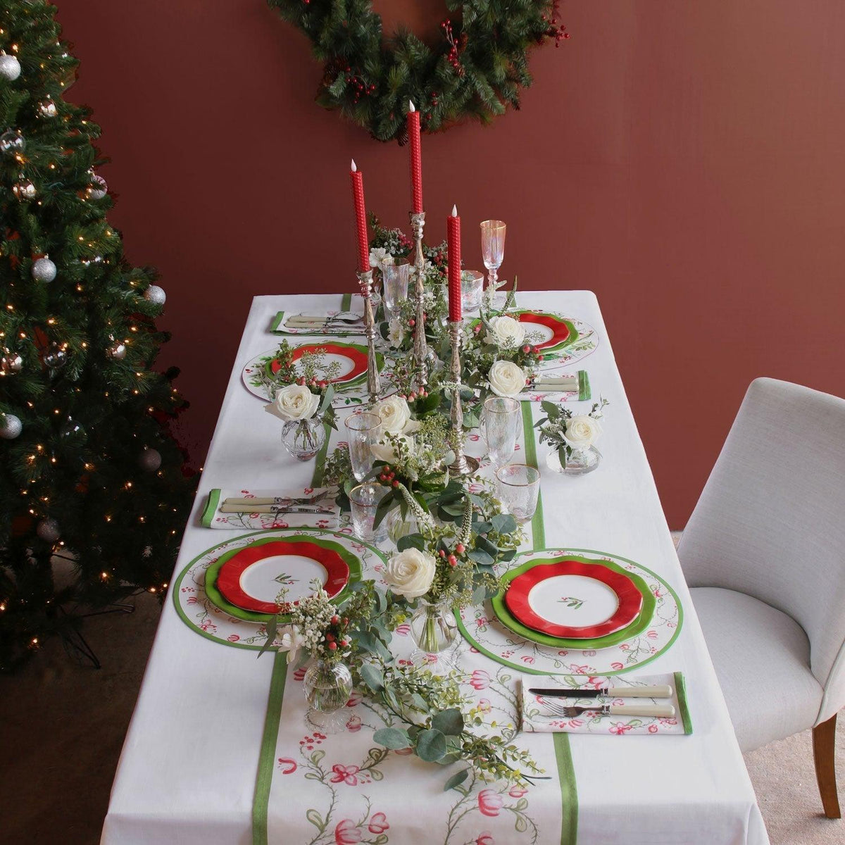 Linen Norelle Runner 108 x 18 (Green Red Floral) - Side View | Bone & Brass