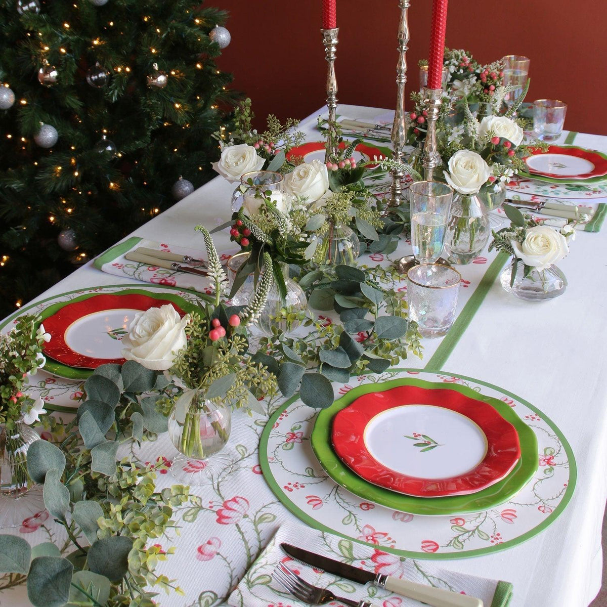 Linen Norelle Runner 108 x 18 (Green Red Floral) - Detail View | Bone & Brass