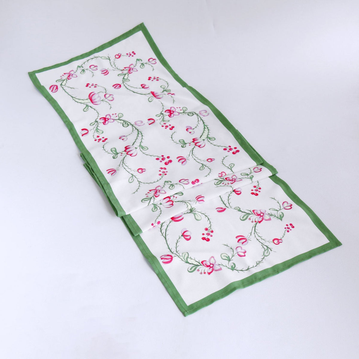 Linen Norelle Runner 108 x 18 (Green Red Floral) - Close Up | Bone & Brass