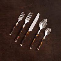 Tortoise Handle and Stainless Flatware Set of 5 - Flatware Detail | Bone & Brass