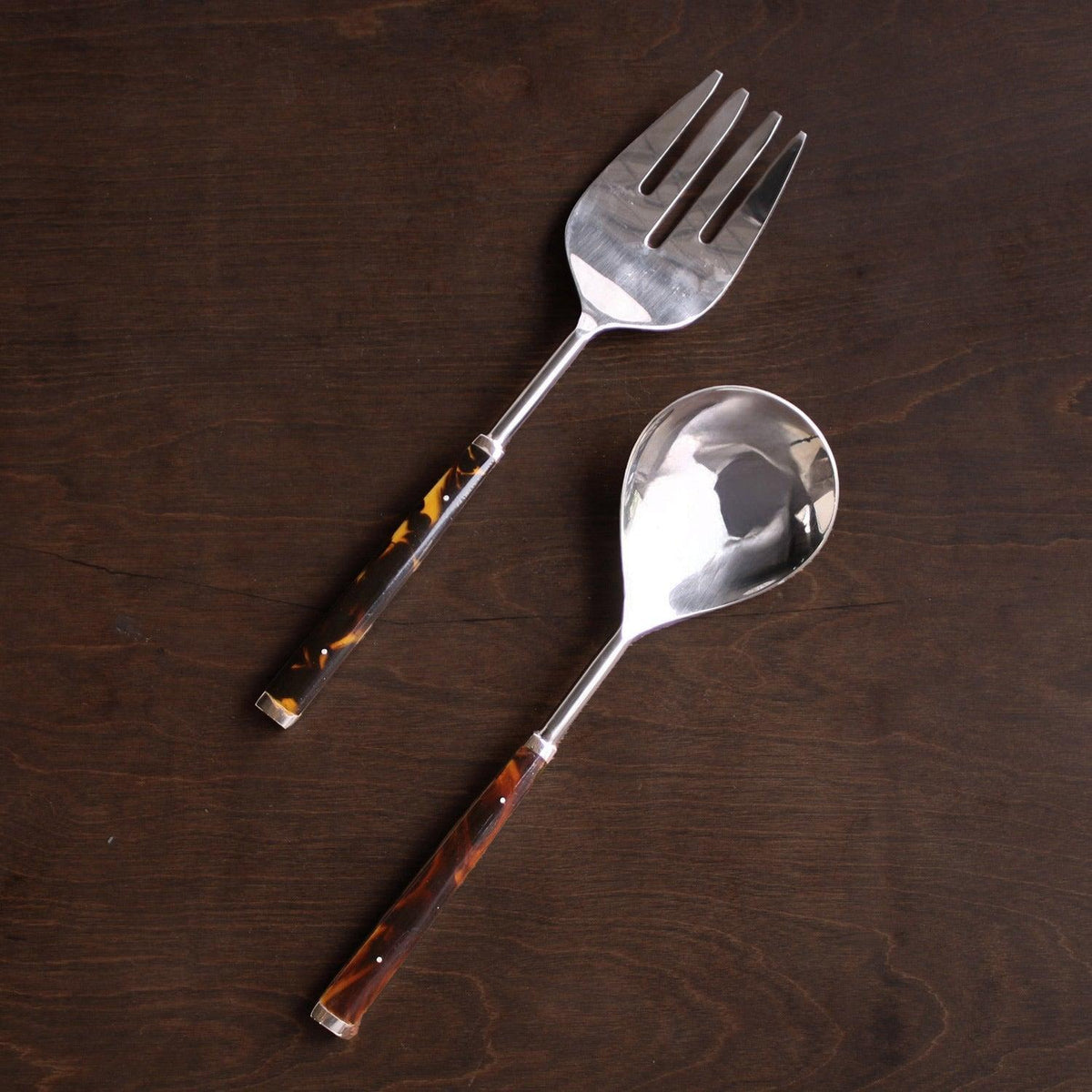 Vida Tortoise & Stainless Salad Servers - Set Detail | Bone & Brass