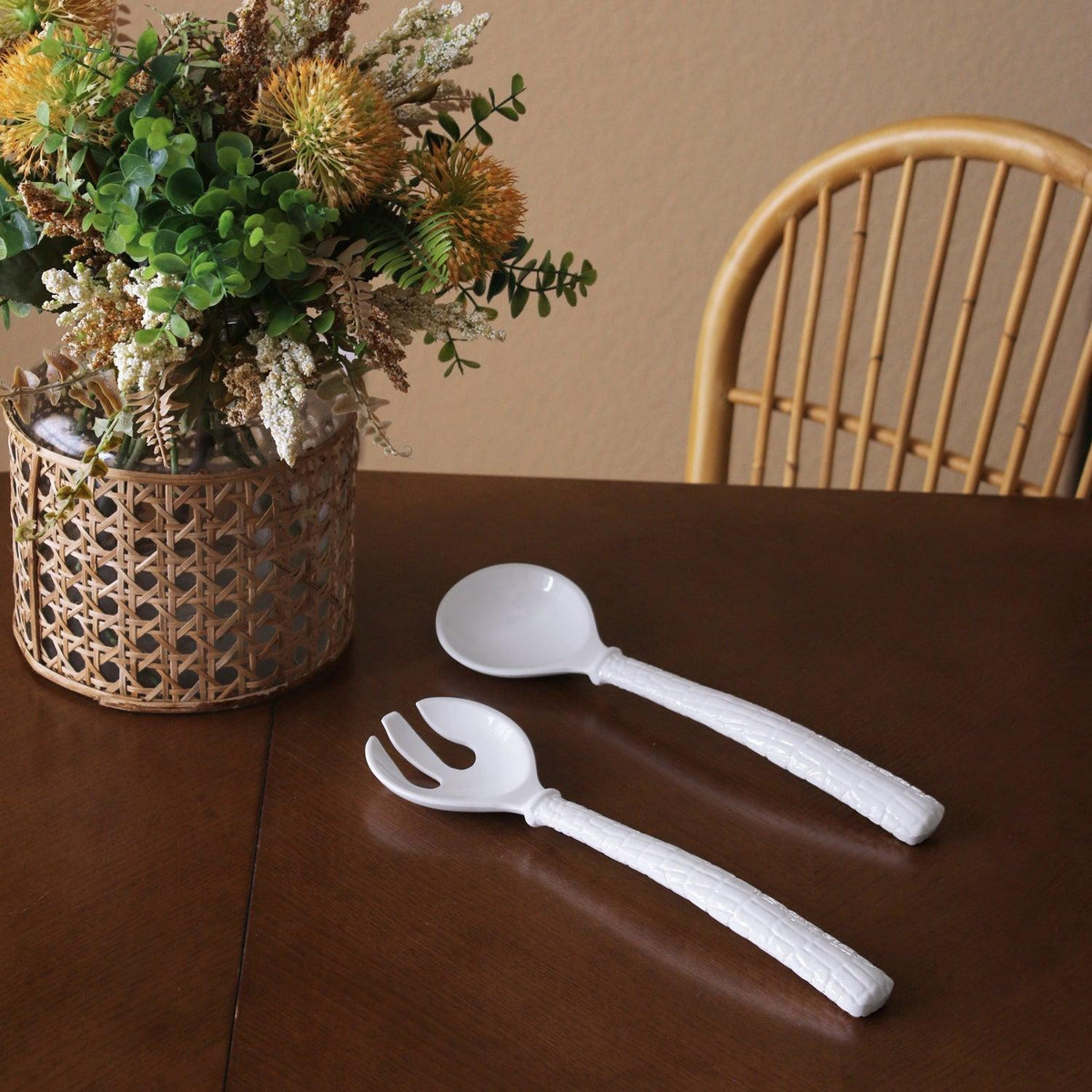 White Croc Patterned Salad Servers - Set Top View | Bone & Brass
