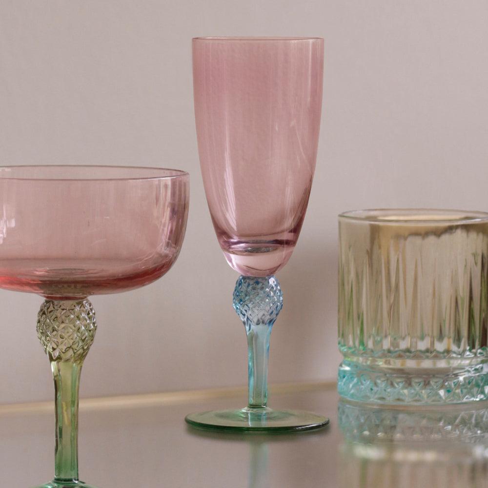 Pink & Green Aquarelle Champagne Flute Set of 4 - Glass Stem Detail | Bone & Brass