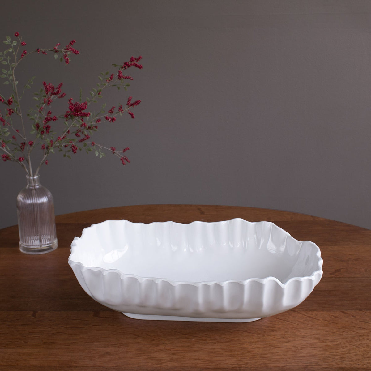 Vida Bloom Pinched Large Oval Bowl (White) - Bowl View | Bone & Brass