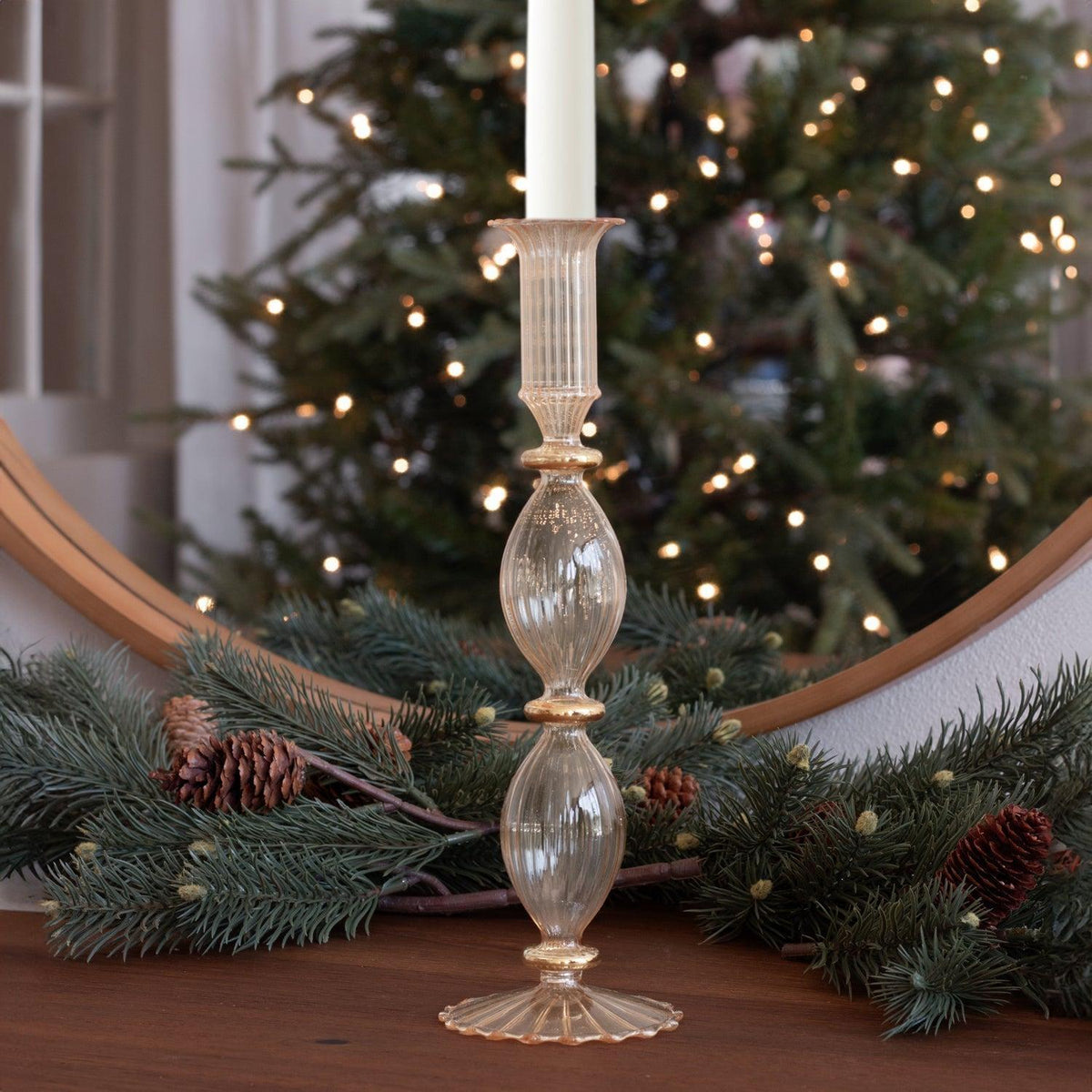 Glass Cambridge Beryl 10" Candlestick Holder Set 2 (Champagne Gold) - Candlestick Side View | Bone & Brass