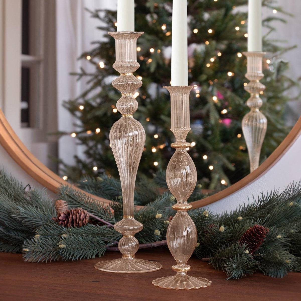 Glass Cambridge Beryl 10" Candlestick Holder Set 2 (Champagne Gold) - Candlestick Close Up | Bone & Brass
