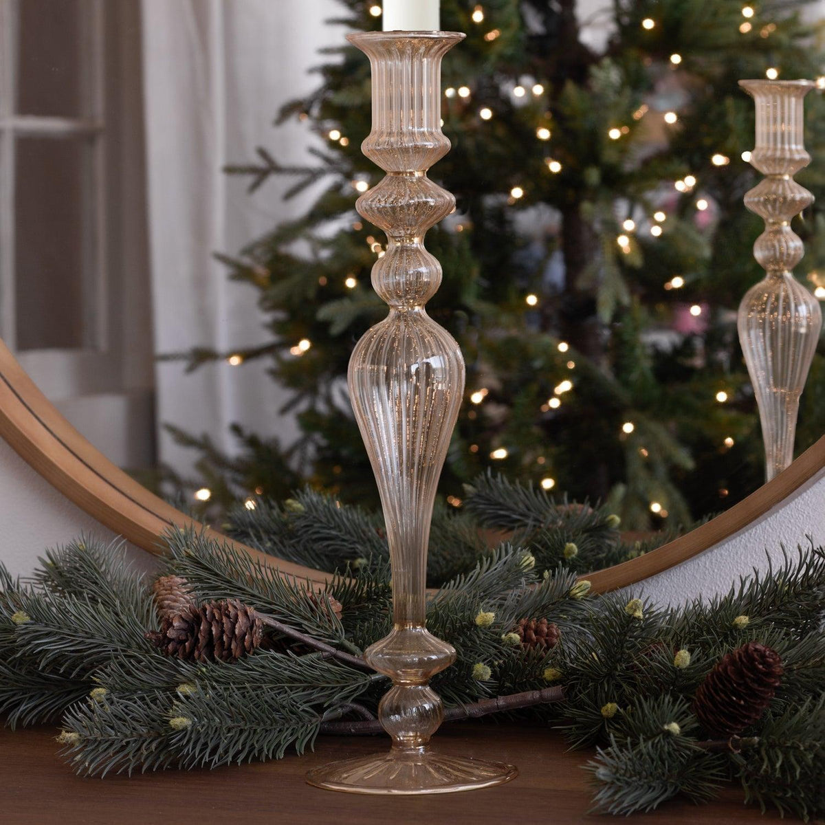 Glass Cambridge Josephine 13.5" Candlestick Holder Set 2 (Champagne - Candlestick Side View | Bone & Brass