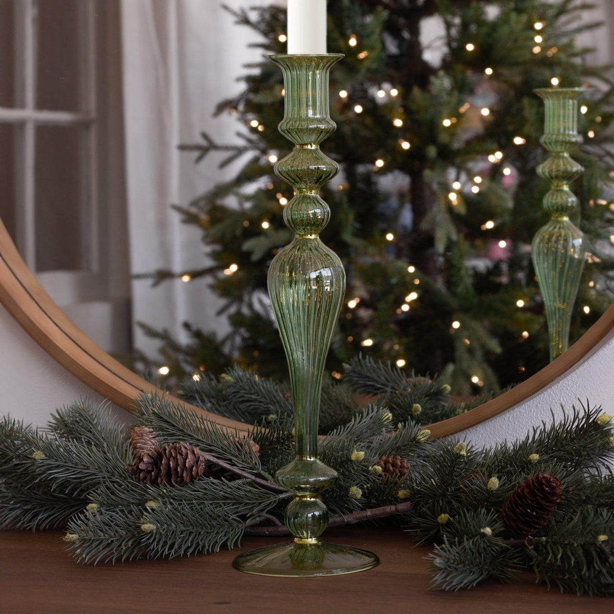 Glass Cambridge Josephine 13.5" Candleholder set 2 (Green Gold) - Candlestick Side View | Bone & Brass