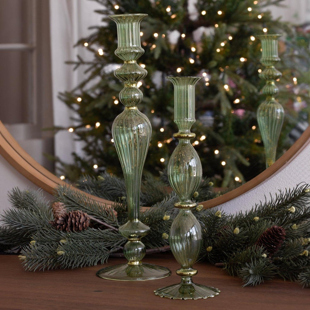 Glass Cambridge Josephine 13.5" Candleholder set 2 (Green Gold) - Candlestick Close Up | Bone & Brass