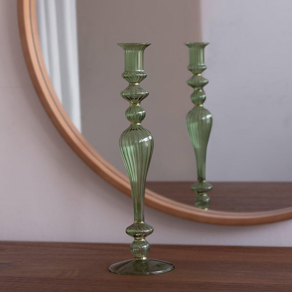 Glass Cambridge Josephine 13.5" Candleholder set 2 (Green Gold) - Candlestick Detail | Bone & Brass