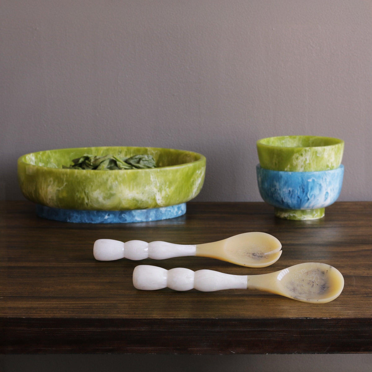 Resin Rio Bubble Salad Servers (White) - Handle Detail | Bone & Brass