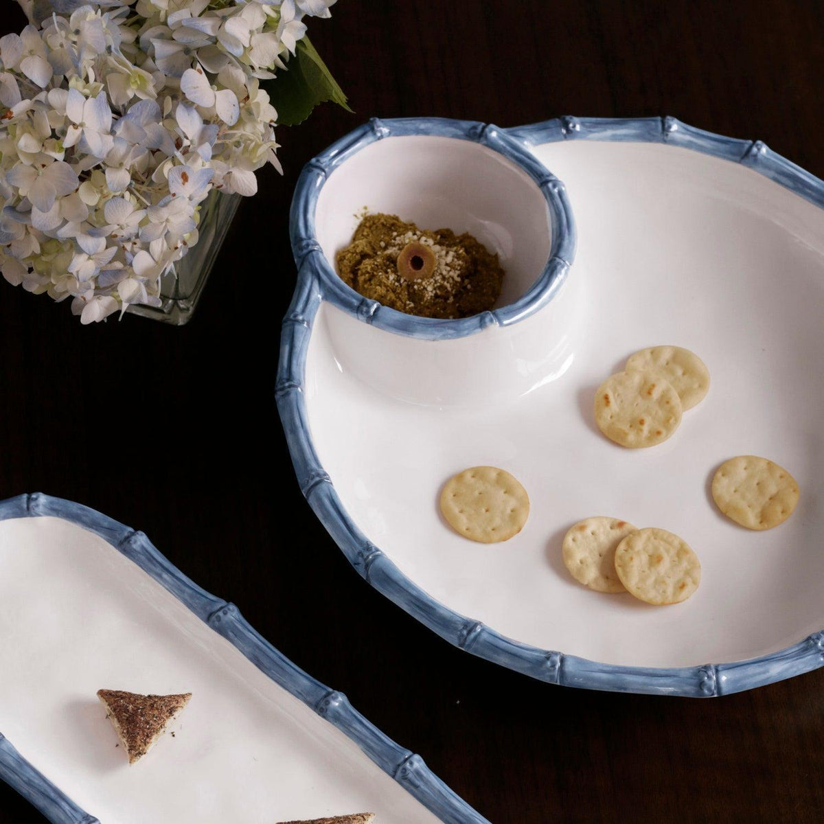 Vida White & Blue Bamboo Large Chip Dip Bowl - Set Top View | Bone & Brass
