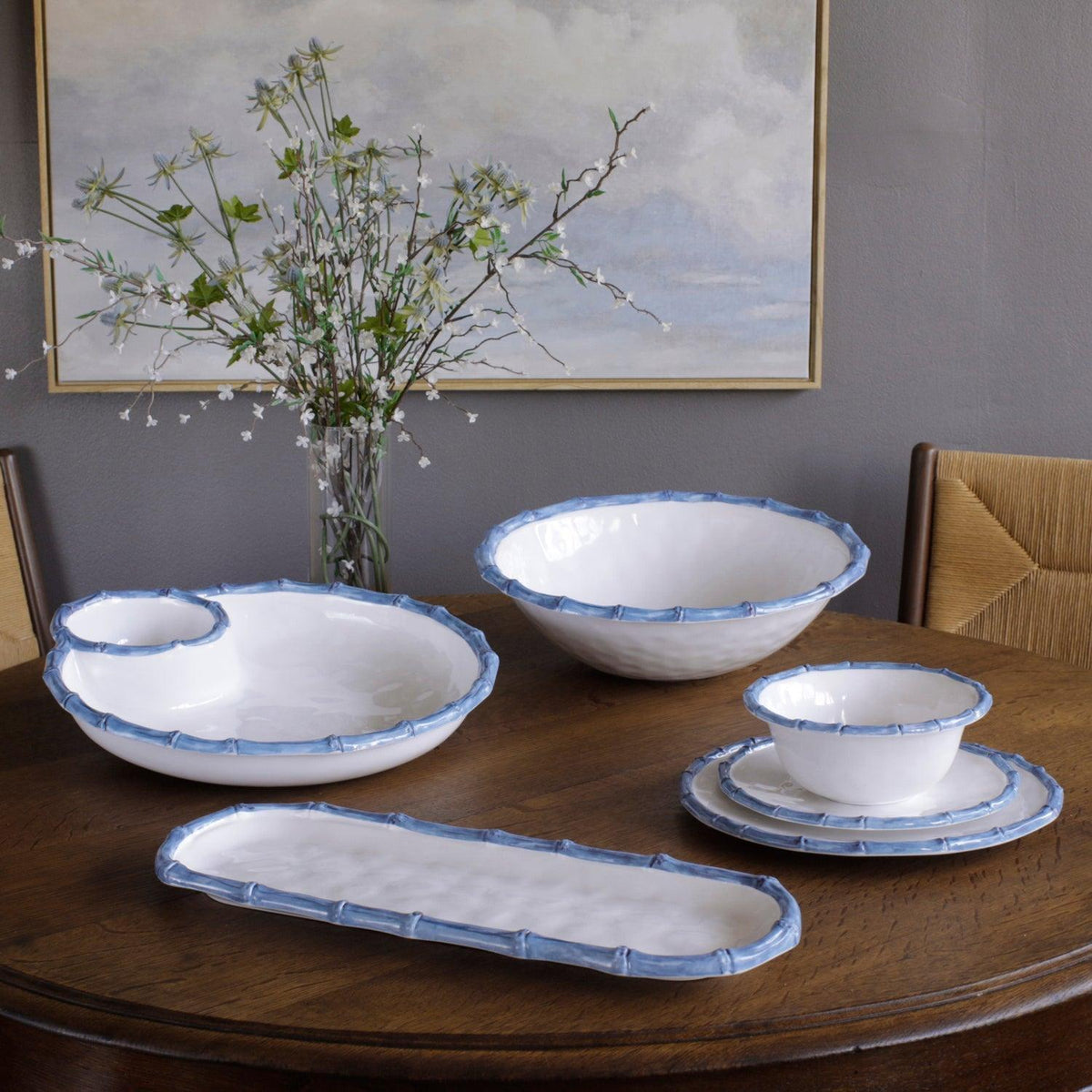 Vida White & Blue Bamboo Large Chip Dip Bowl - Bowl Detail | Bone & Brass