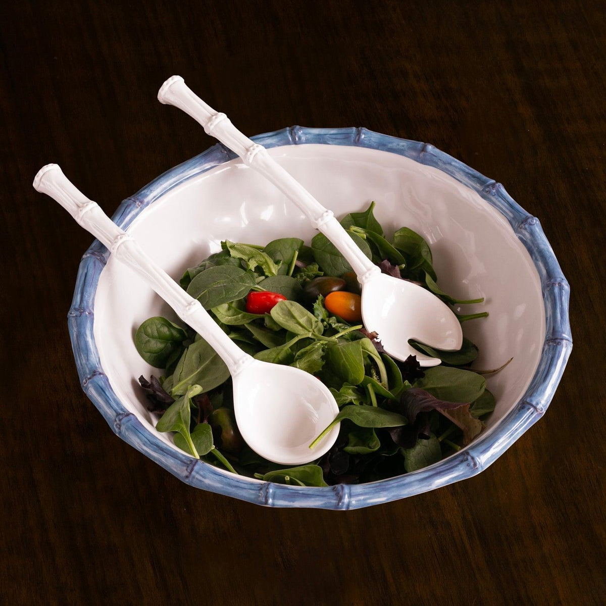 Vida White & Blue Bamboo Large Salad Bowl - Bowl Detail | Bone & Brass