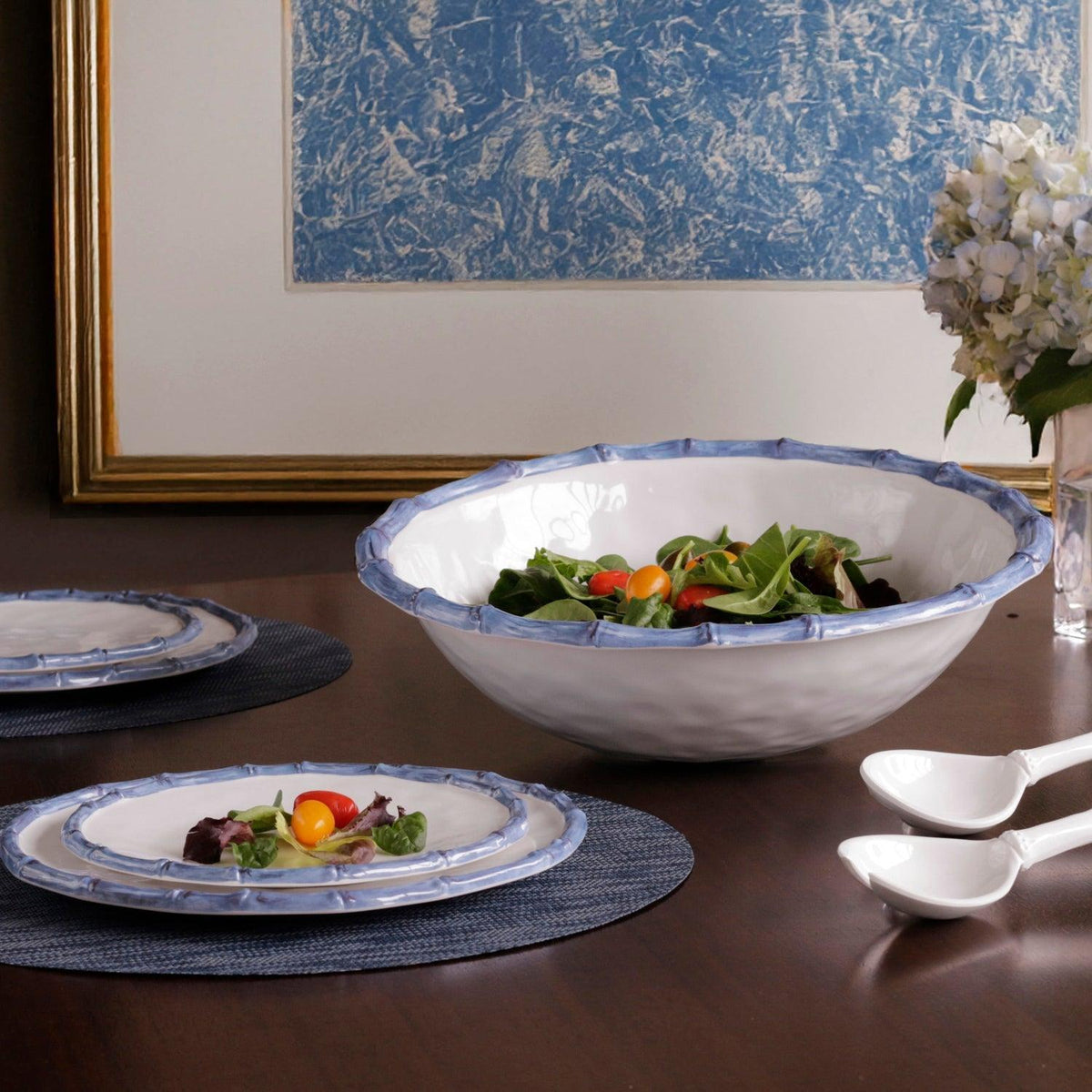 Vida White & Blue Bamboo Large Salad Bowl - Bowl Side View | Bone & Brass