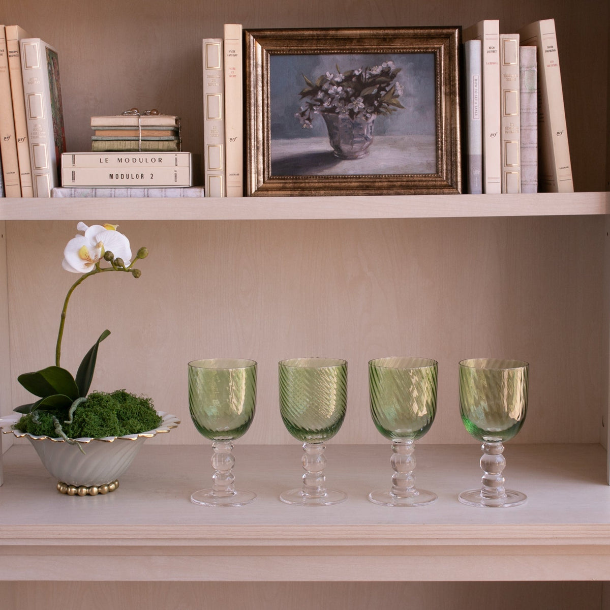 Glass French Swirl Wine Set 4 (Green) - Glass Stem Detail | Bone & Brass