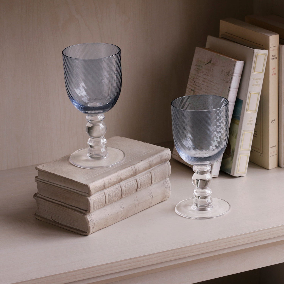 Glass Blue French Swirl Wine Set of 4 - Glass Stem Detail | Bone & Brass