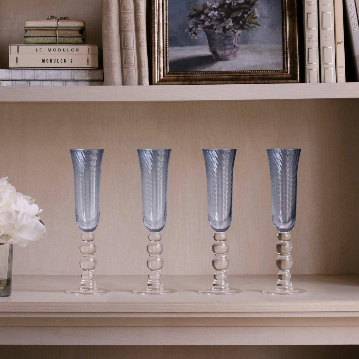 Glass French Swirl Champagne Flute Set 4 (Blue) - Glass View | Bone & Brass