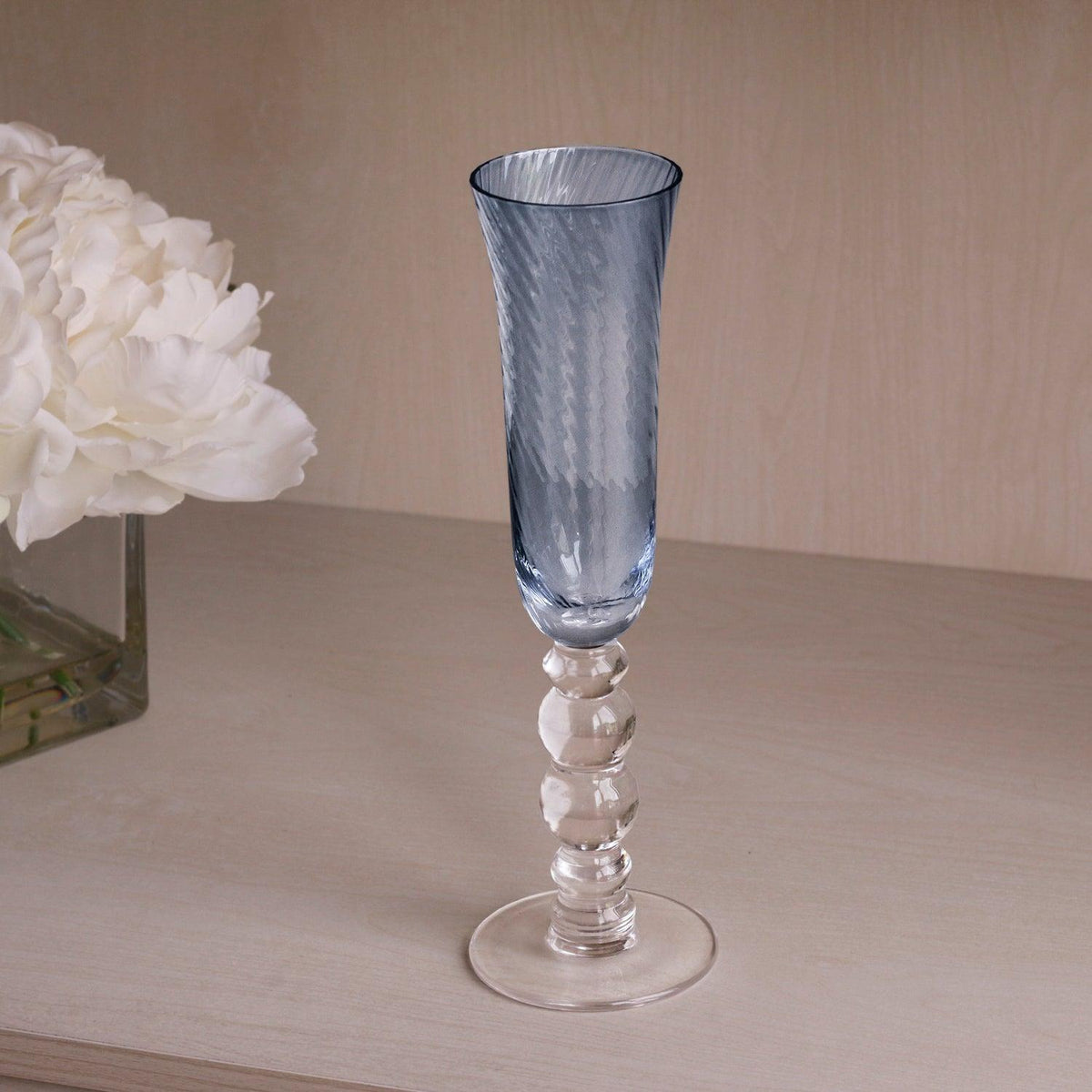 Glass French Swirl Champagne Flute Set 4 (Blue) - Glass Stem Detail | Bone & Brass