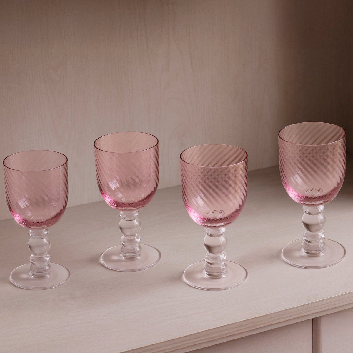Glass French Pink Swirl Wine Glasses Set of 4 - Glass Stem Detail | Bone & Brass