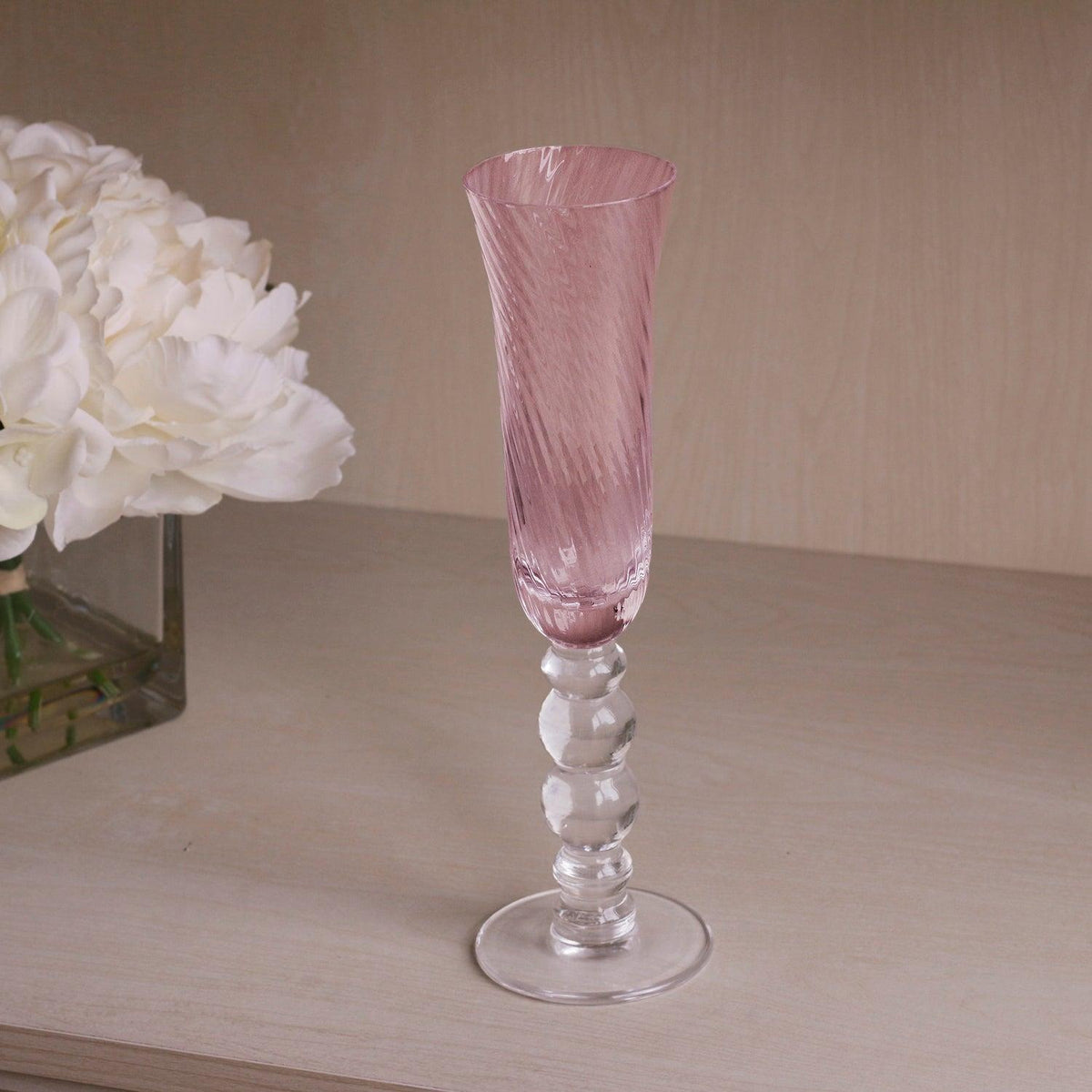 Pink Glass French Swirl Champagne Flute Set of 4 - Glass Stem Detail | Bone & Brass