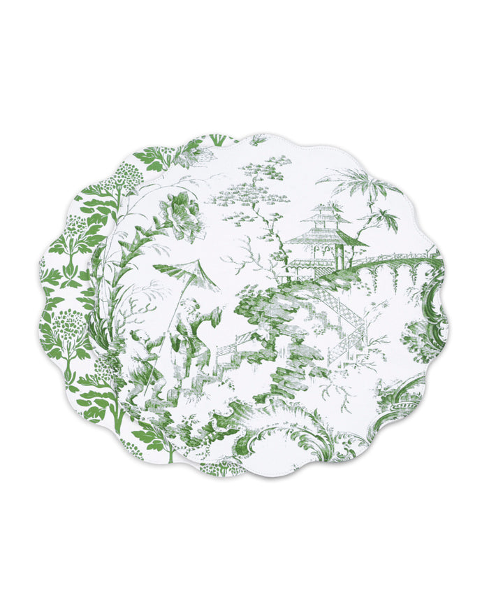 Vida Chinoiserie Reversible Round Placemats Set 4 Green & White